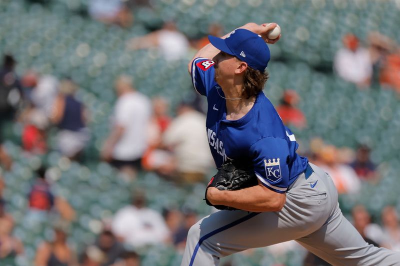 Aug 4, 2024; Detroit, Michigan, USA;  Kansas City Royals pitcher Hunter Harvey (56) pitches in the ninth inning against the Detroit Tigers at Comerica Park. Mandatory Credit: Rick Osentoski-USA TODAY Sports