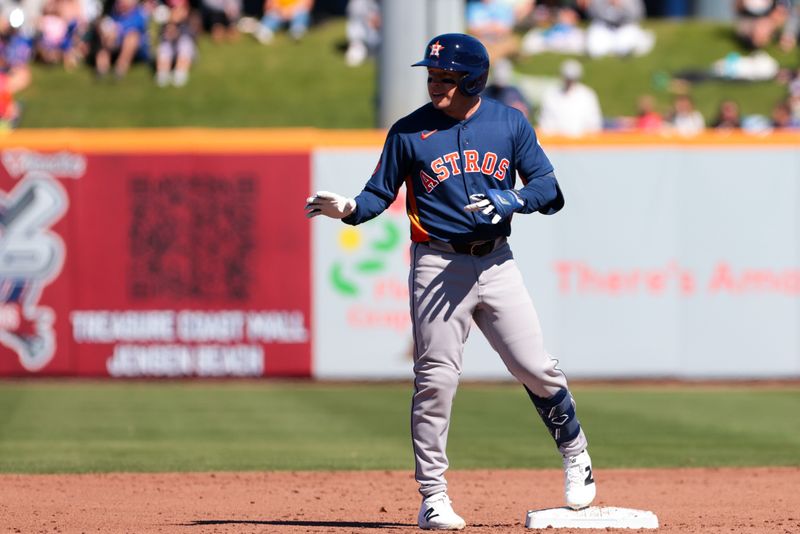 Feb 24, 2026; Port St. Lucie, Florida, USA; Houston Astros third baseman Nick Allen (20) reaches second base after hitting a double against the New York Mets during the second inning at Clover Park. Mandatory Credit: Sam Navarro-Imagn Images