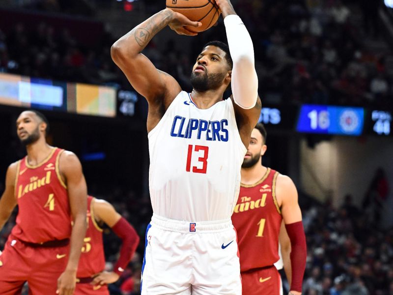 CLEVELAND, OHIO - JANUARY 29: Paul George #13 of the LA Clippers shoots a technical foul shot during the third quarter against the Cleveland Cavaliers at Rocket Mortgage Fieldhouse on January 29, 2024 in Cleveland, Ohio. The Cavaliers defeated the Clippers 118-108. NOTE TO USER: User expressly acknowledges and agrees that, by downloading and or using this photograph, User is consenting to the terms and conditions of the Getty Images License Agreement. (Photo by Jason Miller/Getty Images)