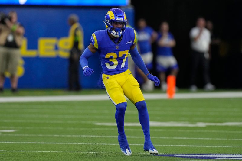 Los Angeles Rams safety Quentin Lake defends during the first half of a preseason NFL football game against the Las Vegas Raiders Saturday, Aug. 19, 2023, in Inglewood, Calif. (AP Photo/Mark J. Terrill)