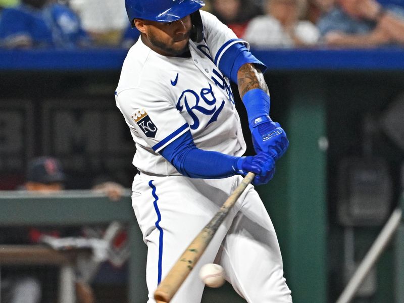 Sep 19, 2023; Kansas City, Missouri, USA; Kansas City Royals right fielder Nelson Velazquez (17) drives in a run in the fifth inning against the Cleveland Guardians at Kauffman Stadium. Mandatory Credit: Peter Aiken-USA TODAY Sports