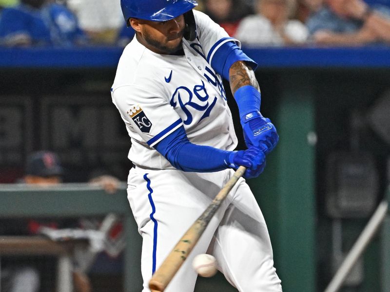 Sep 19, 2023; Kansas City, Missouri, USA; Kansas City Royals right fielder Nelson Velazquez (17) drives in a run in the fifth inning against the Cleveland Guardians at Kauffman Stadium. Mandatory Credit: Peter Aiken-USA TODAY Sports