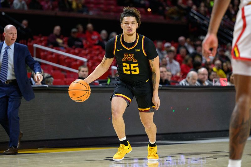 Jan 13, 2025; College Park, Maryland, USA; Minnesota Golden Gophers guard Lu'Cye Patterson (25) handles the ball against the Maryland Terrapins during the first half at Xfinity Center. Mandatory Credit: Reggie Hildred-Imagn Images