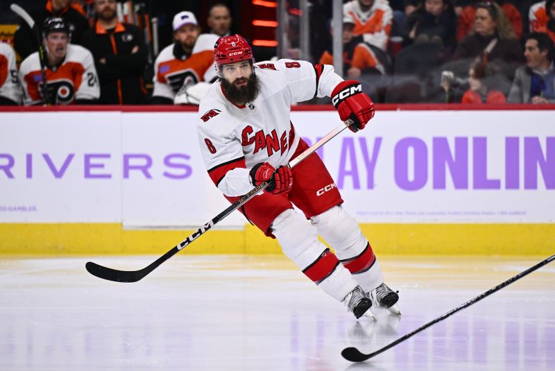 Nov 28, 2023; Philadelphia, Pennsylvania, USA; Carolina Hurricanes defenseman Brent Burns (8) in action against the Philadelphia Flyers in the third period at Wells Fargo Center. Mandatory Credit: Kyle Ross-USA TODAY Sports