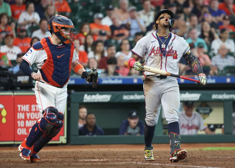 Apr 17, 2024; Houston, Texas, USA;Atlanta Braves right fielder Ronald Acuna Jr. (13) reacts to a called third strike against the Houston Astros in the ninth inning at Minute Maid Park. Mandatory Credit: Thomas Shea-USA TODAY Sports