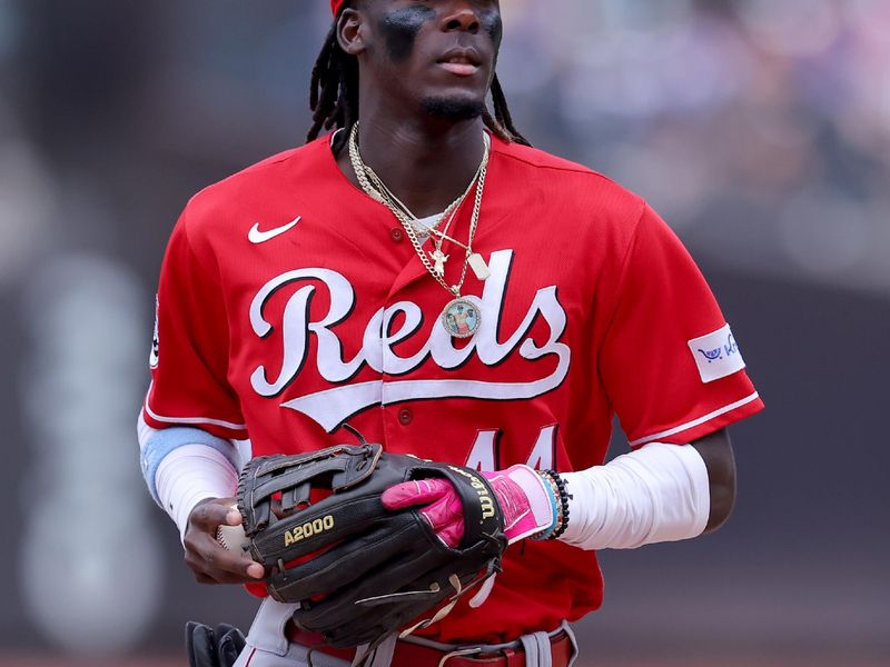 Sep 17, 2023; New York City, New York, USA; Cincinnati Reds shortstop Elly De La Cruz (44) returns to the dugout after the seventh inning against the New York Mets at Citi Field. Mandatory Credit: Brad Penner-USA TODAY Sports