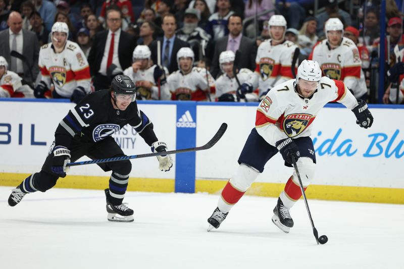 Feb 17, 2024; Tampa, Florida, USA;  Florida Panthers defenseman Dmitry Kulikov (7) controls the puck against the Tampa Bay Lightning in the second period at Amalie Arena. Mandatory Credit: Nathan Ray Seebeck-USA TODAY Sports