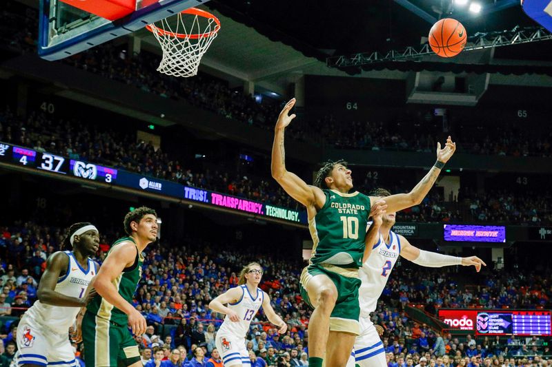 Jan 9, 2024; Boise, Idaho, USA; Colorado State Rams guard Nique Clifford (10) battles for a rebound during the second half against the Boise State Broncos at ExtraMile Arena. Mandatory Credit: Brian Losness-USA TODAY Sports