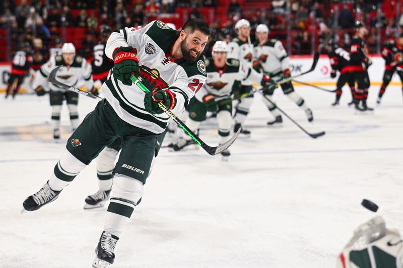 Nov 18, 2023; Stockholm, SWE; Minnesota Wild left wing Pat Maroon (20) warms up before playing against the Ottawa Senators during a Global Series NHL hockey game at Avicii Arena. Mandatory Credit: Per Haljestam-USA TODAY Sports