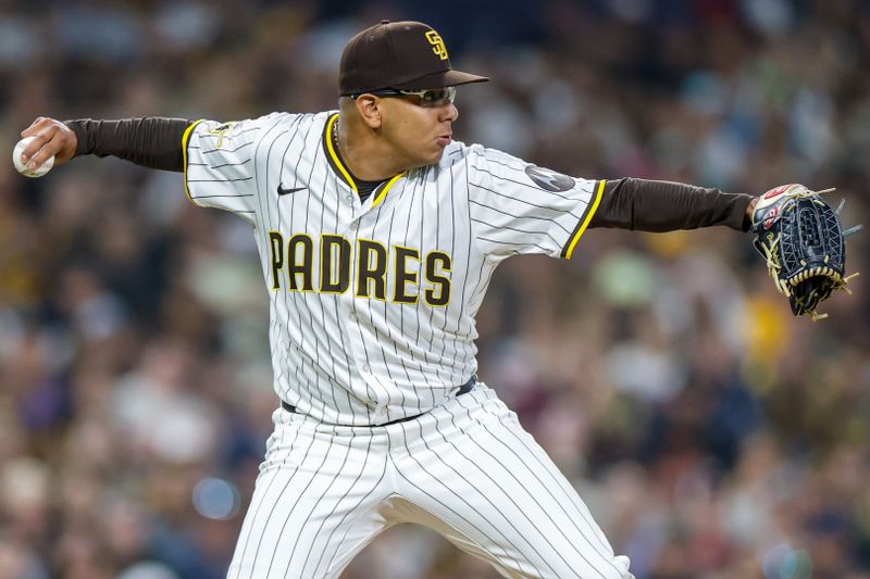 May 31, 2025; San Diego, California, USA; San Diego Padres relief pitcher Bradgley Rodriguez (72) throws to second base for an out during the seventh inning against the Pittsburgh Pirates at Petco Park. Mandatory Credit: David Frerker-Imagn Images
