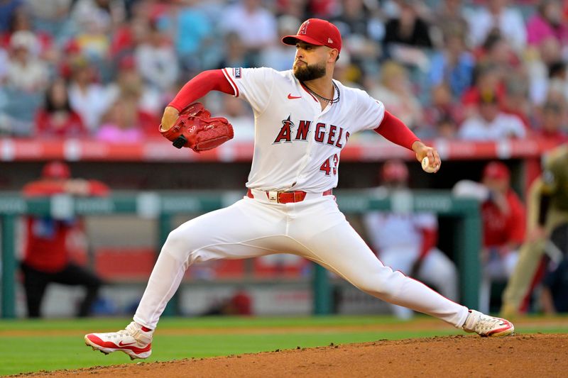 Jun 4, 2024; Anaheim, California, USA;  Los Angeles Angels starting pitcher Patrick Sandoval (43) delivers to the plate in the second inning against the San Diego Padres at Angel Stadium. Mandatory Credit: Jayne Kamin-Oncea-USA TODAY Sports