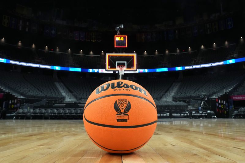 Mar 15, 2024; Las Vegas, NV, USA; A NCAA Wilson evo NXT official game basketball with the Pac-12 Conference logo at T-Mobile Arena. Mandatory Credit: Kirby Lee-USA TODAY Sports