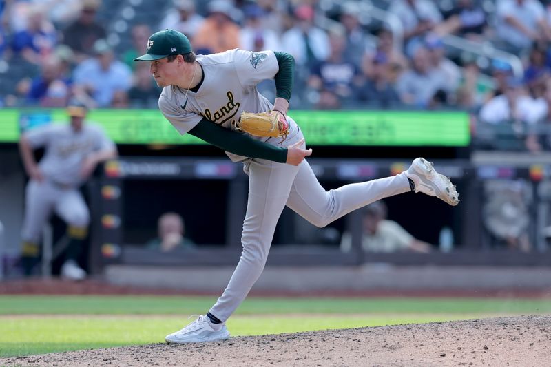 Aug 15, 2024; New York City, New York, USA; Oakland Athletics relief pitcher Mason Miller (19) follows through on a pitch against the New York Mets during the ninth inning at Citi Field. Mandatory Credit: Brad Penner-USA TODAY Sports