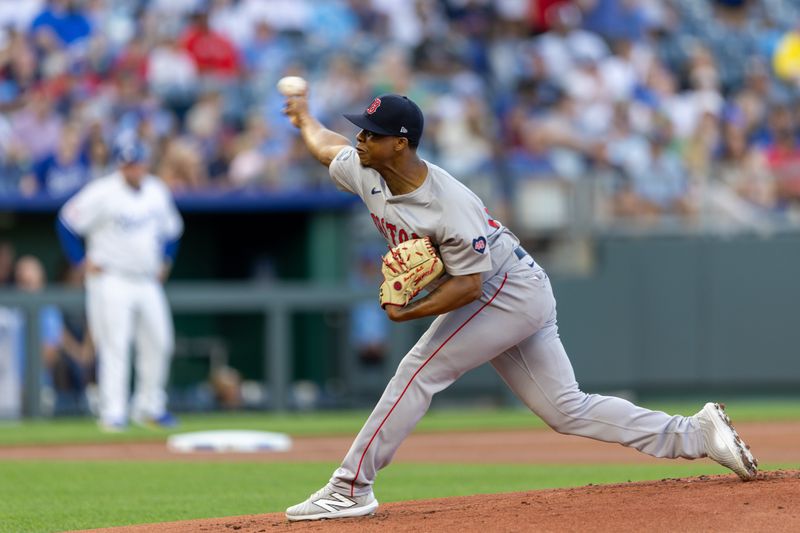 Aug 6, 2024; Kansas City, Missouri, USA;  Boston Red Sox pitcher Brayan Bello (66) pitches during the first inning against the Kansas City Royals at Kauffman Stadium. Mandatory Credit: William Purnell-USA TODAY Sports