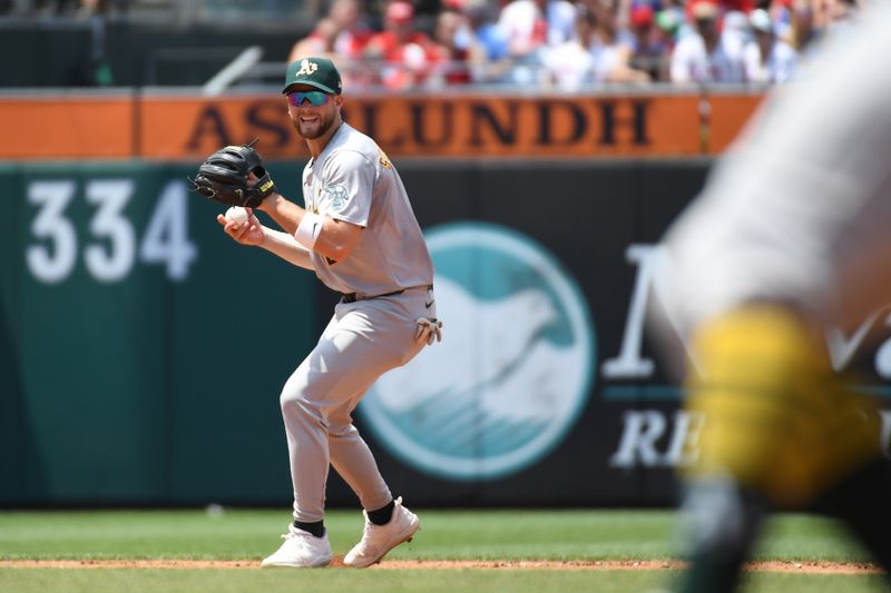 Jul 14, 2024; Philadelphia, Pennsylvania, USA; Oakland Athletics shortstop Max Schuemann (12) throws to first based2i against the Philadelphia Phillies at Citizens Bank Park. Mandatory Credit: Eric Hartline-USA TODAY Sports