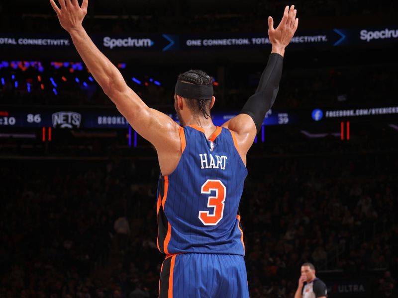 NEW YORK, NY - MARCH 23: Josh Hart #3 of the New York Knicks celebrates during the game against the Brooklyn Nets on March 23, 2024 at Madison Square Garden in New York City, New York.  NOTE TO USER: User expressly acknowledges and agrees that, by downloading and or using this photograph, User is consenting to the terms and conditions of the Getty Images License Agreement. Mandatory Copyright Notice: Copyright 2024 NBAE  (Photo by Nathaniel S. Butler/NBAE via Getty Images)