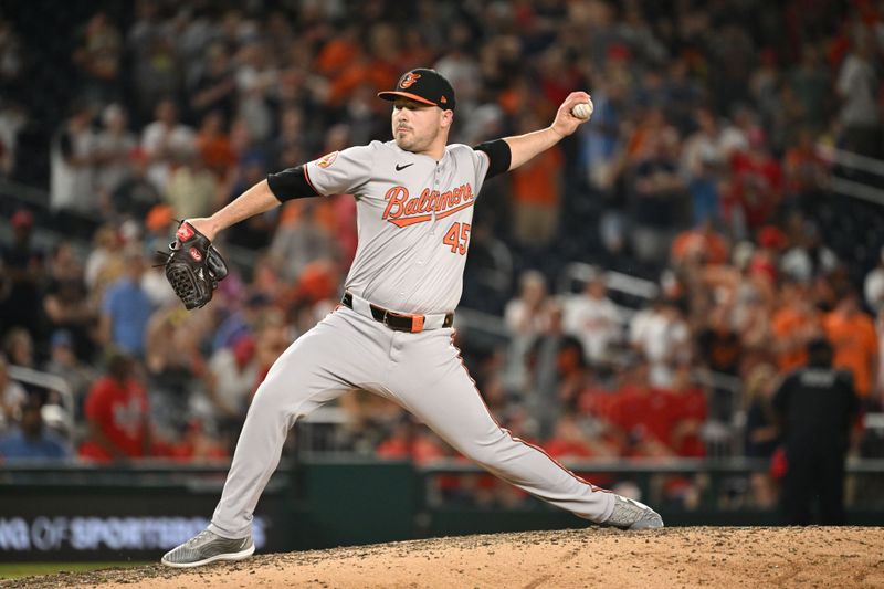 May 8, 2024; Washington, District of Columbia, USA; Baltimore Orioles pitcher Keegan Akin (45) throws a pitch against the Washington Nationals during the ninth inning at Nationals Park. Mandatory Credit: Rafael Suanes-USA TODAY Sports