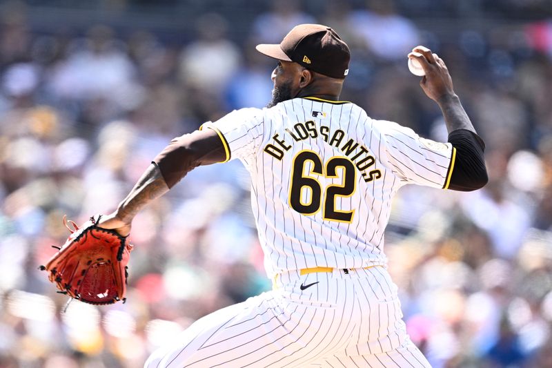 May 1, 2024; San Diego, California, USA; San Diego Padres relief pitcher Enyel De Los Santos (62) throws a pitch against the Cincinnati Reds during the seventh inning at Petco Park. Mandatory Credit: Orlando Ramirez-USA TODAY Sports