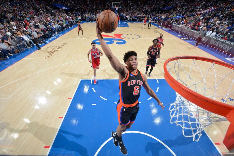 PHILADELPHIA, PA - FEBRUARY 10: Quentin Grimes #6 of the New York Knicks drives to the basket during the game against the Philadelphia 76ers on February 10, 2023 at the Wells Fargo Center in Philadelphia, Pennsylvania NOTE TO USER: User expressly acknowledges and agrees that, by downloading and/or using this Photograph, user is consenting to the terms and conditions of the Getty Images License Agreement. Mandatory Copyright Notice: Copyright 2023 NBAE (Photo by Jesse D. Garrabrant/NBAE via Getty Images)