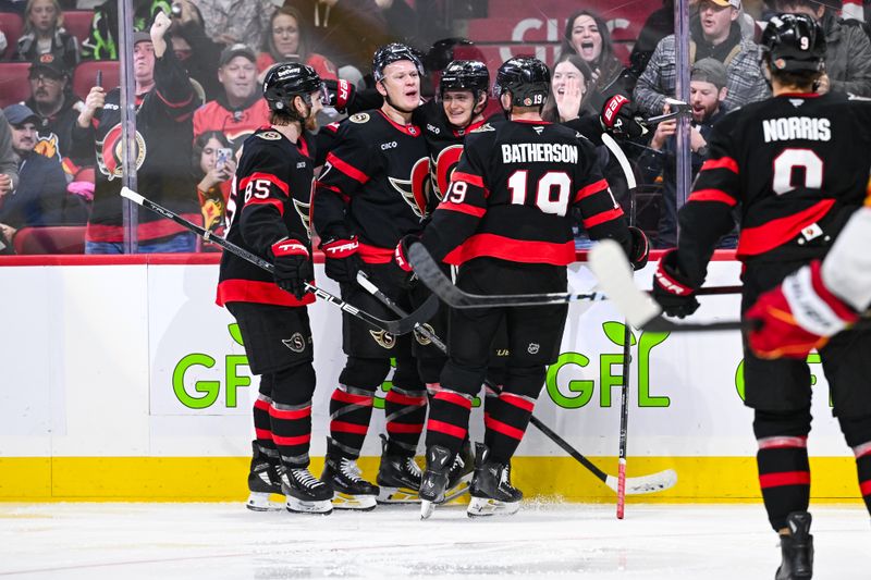 Nov 25, 2024; Ottawa, Ontario, CAN; Ottawa Senators left wing Brady Tkachuk (7) celebrates his goal against the Calgary Flames with his teammates during the third period at Canadian Tire Centre. Mandatory Credit: David Kirouac-Imagn Images