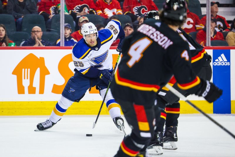 Jan 23, 2024; Calgary, Alberta, CAN; St. Louis Blues center Jordan Kyrou (25) controls the puck against the Calgary Flames during the third period at Scotiabank Saddledome. Mandatory Credit: Sergei Belski-USA TODAY Sports