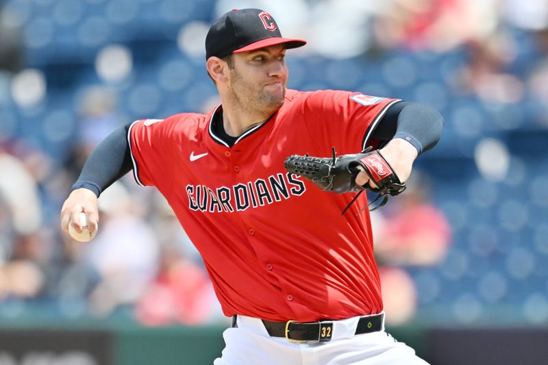 May 14, 2025; Cleveland, Ohio, USA; Cleveland Guardians starting pitcher Gavin Williams (32) throws a pitch during the first inning against the Milwaukee Brewers at Progressive Field. Mandatory Credit: Ken Blaze-Imagn Images