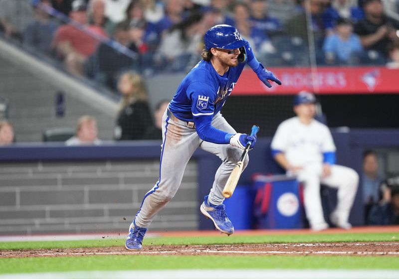 May 1, 2024; Toronto, Ontario, CAN; Kansas City Royals shortstop Bobby Witt Jr. (7) hits a single against the Toronto Blue Jays during the eighth inning at Rogers Centre. Mandatory Credit: Nick Turchiaro-USA TODAY Sports
