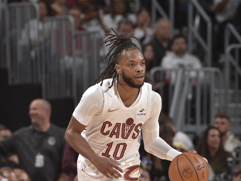 CLEVELAND, OH - APRIL 22: Darius Garland #10 of the Cleveland Cavaliers dribbles the ball during the game against the Orlando Magic during Round 1 Game 2 of the 2024 NBA Playoffs on April 22, 2024 at Rocket Mortgage FieldHouse in Cleveland, Ohio. NOTE TO USER: User expressly acknowledges and agrees that, by downloading and/or using this Photograph, user is consenting to the terms and conditions of the Getty Images License Agreement. Mandatory Copyright Notice: Copyright 2024 NBAE (Photo by David Liam Kyle/NBAE via Getty Images)