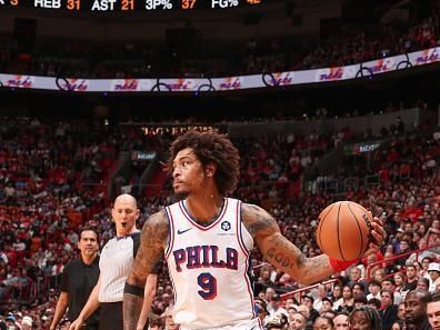 MIAMI, FL - DECEMBER 25:  Kelly Oubre Jr. #9 of the Philadelphia 76ers handles the ball during the game on December 25, 2023 at Kaseya Center Arena in Miami, Florida. NOTE TO USER: User expressly acknowledges and agrees that, by downloading and or using this Photograph, user is consenting to the terms and conditions of the Getty Images License Agreement. Mandatory Copyright Notice: Copyright 2023 NBAE (Photo by Issac Baldizon/NBAE via Getty Images)