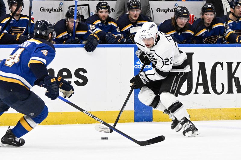 Jan 28, 2024; St. Louis, Missouri, USA; Los Angeles Kings left wing Kevin Fiala (22) skates against St. Louis Blues defenseman Nick Leddy (4) during the first period at Enterprise Center. Mandatory Credit: Jeff Le-USA TODAY Sports