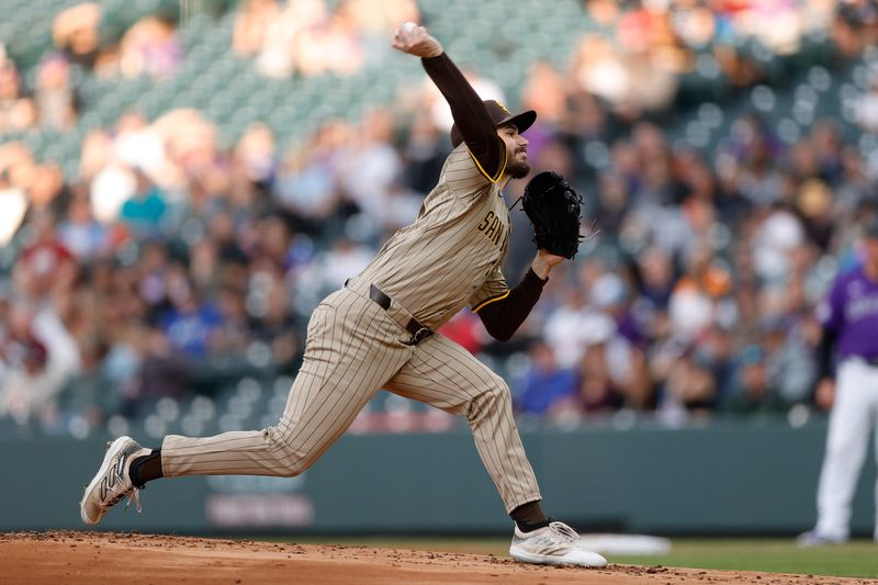 Apr 22, 2024; Denver, Colorado, USA; San Diego Padres starting pitcher Dylan Cease (84) pitches in the first inning against the Colorado Rockies at Coors Field. Mandatory Credit: Isaiah J. Downing-USA TODAY Sports