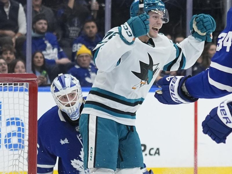 Dec 11, 2025; Toronto, Ontario, CAN; San Jose Sharks forward William Eklund (72) reacts after a shot by San Jose Sharks forward Alex Wennberg (not pictured) scores on Toronto Maple Leafs goaltender Dennis Hildeby (35) during overtime to win the game at Scotiabank Arena. Mandatory Credit: John E. Sokolowski-Imagn Images