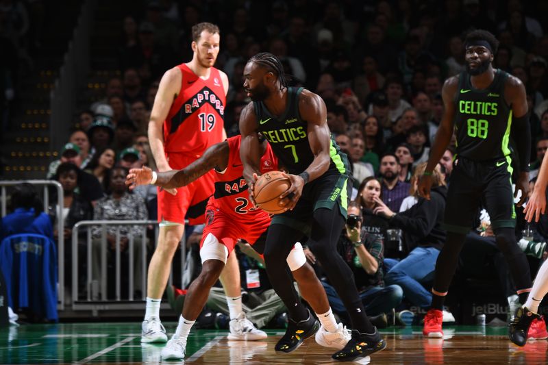 BOSTON, MA - NOVEMBER 16: Jaylen Brown #7 of the Boston Celtics dribbles the ball during the game against the Toronto Raptors on November 16, 2024 at TD Garden in Boston, Massachusetts. NOTE TO USER: User expressly acknowledges and agrees that, by downloading and/or using this Photograph, user is consenting to the terms and conditions of the Getty Images License Agreement. Mandatory Copyright Notice: Copyright 2024 NBAE (Photo by Brian Babineau/NBAE via Getty Images)