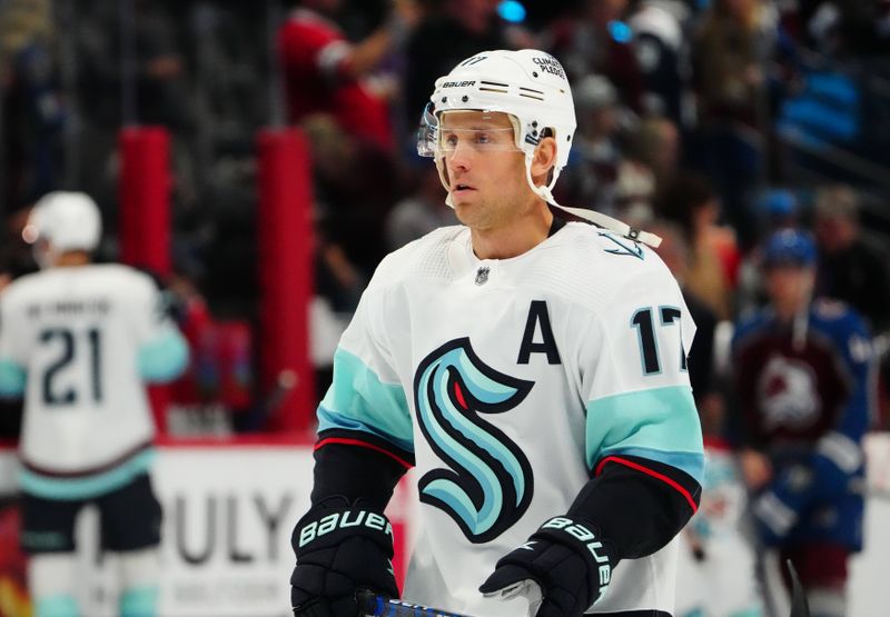 Oct 21, 2022; Denver, Colorado, USA; Seattle Kraken center Jaden Schwartz (17) before the game against the Colorado Avalanche at Ball Arena. Mandatory Credit: Ron Chenoy-USA TODAY Sports