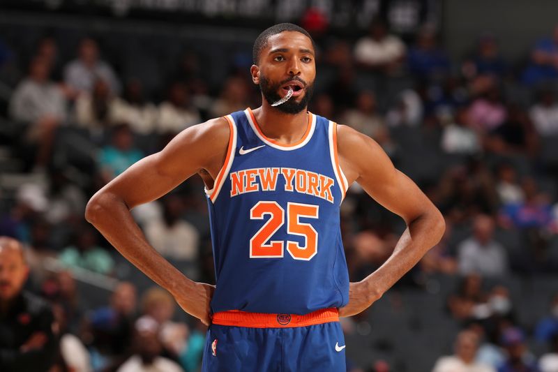 CHARLOTTE, NC - OCTOBER 22:  Mikal Bridges #25 of the New York Knicks stands on court during an NBA preseason game on October 22, 2024 at Spectrum Center in Charlotte, North Carolina. NOTE TO USER: User expressly acknowledges and agrees that, by downloading and or using this photograph, User is consenting to the terms and conditions of the Getty Images License Agreement. Mandatory Copyright Notice: Copyright 2024 NBAE (Photo by Kent Smith/NBAE via Getty Images)