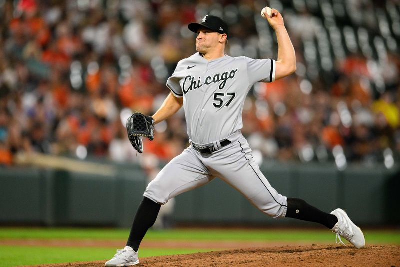 Aug 29, 2023; Baltimore, Maryland, USA; Chicago White Sox relief pitcher Tanner Banks (57) pitches during the sixth inning against the Baltimore Orioles at Oriole Park at Camden Yards. Mandatory Credit: Reggie Hildred-USA TODAY Sports