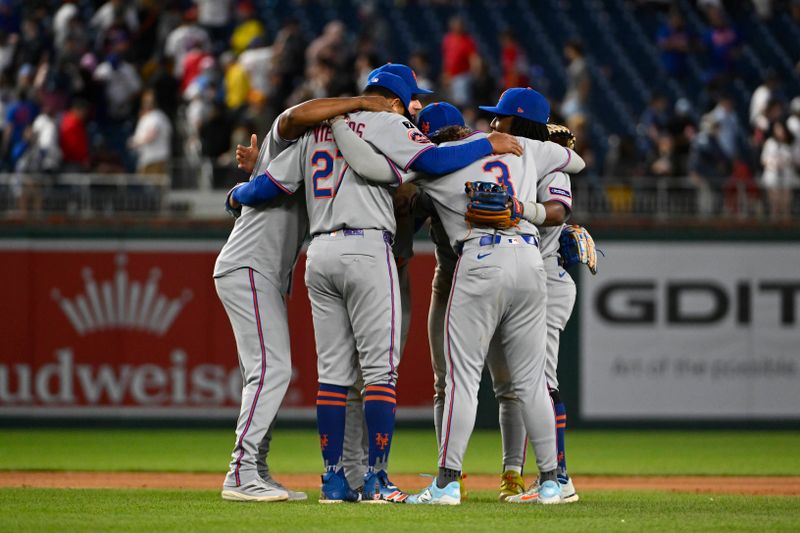 Apr 26, 2025; Washington, District of Columbia, USA; New York Mets celebrate after the game against the Washington Nationals at Nationals Park. Mandatory Credit: Brad Mills-Imagn Images