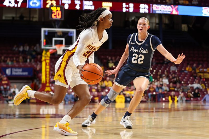 Jan 31, 2024; Minneapolis, Minnesota, USA; Minnesota Golden Gophers guard Janay Sanders (30) works around Penn State Nittany Lions guard Alli Campbell (22) during the first half at Williams Arena. Mandatory Credit: Matt Krohn-USA TODAY Sports