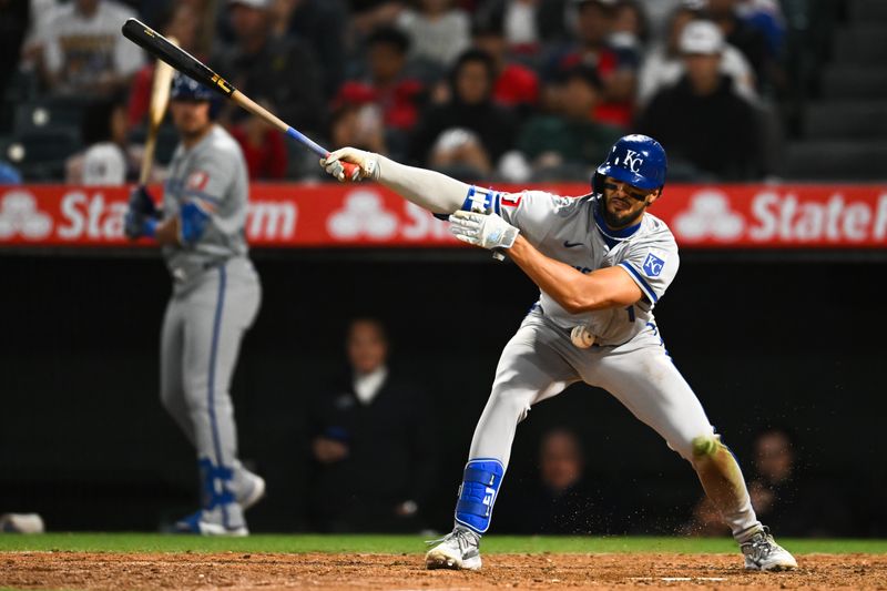 May 11, 2024; Anaheim, California, USA; Kansas City Royals outfielder MJ Melendez (1) is struck by the ball against the Los Angeles Angels during the ninth inning at Angel Stadium. Mandatory Credit: Jonathan Hui-USA TODAY Sports