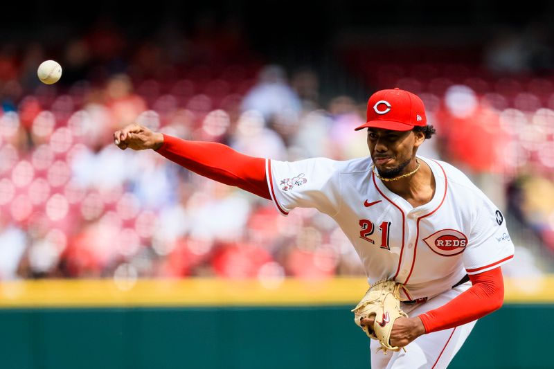 Apr 13, 2025; Cincinnati, Ohio, USA; Cincinnati Reds starting pitcher Hunter Greene (21) pitches against the Pittsburgh Pirates in the seventh inning at Great American Ball Park. Mandatory Credit: Katie Stratman-Imagn Images