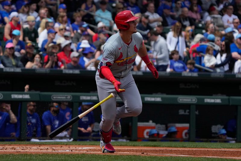 Mar 26, 2024; Mesa, Arizona, USA; St. Louis Cardinals second baseman Nolan Gorman (16) hits an RBI single against the Chicago Cubs in the first inning at Sloan Park. Mandatory Credit: Rick Scuteri-USA TODAY Sports