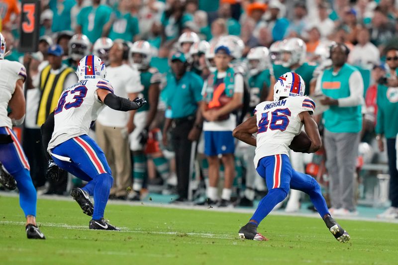 Buffalo Bills cornerback Ja'Marcus Ingram (46) intercepts a pass during the first half of an NFL football game against the Miami Dolphins, Thursday, Sept. 12, 2024, in Miami Gardens, Fla. (AP Photo/Lynne Sladky)