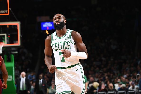 BOSTON, MA - DECEMBER 14: Jaylen Brown #7 of the Boston Celtics smiles at the end of the first half during the game against the Cleveland Cavaliers on December 14, 2023 at the TD Garden in Boston, Massachusetts. NOTE TO USER: User expressly acknowledges and agrees that, by downloading and or using this photograph, User is consenting to the terms and conditions of the Getty Images License Agreement. Mandatory Copyright Notice: Copyright 2023 NBAE  (Photo by Brian Babineau/NBAE via Getty Images)