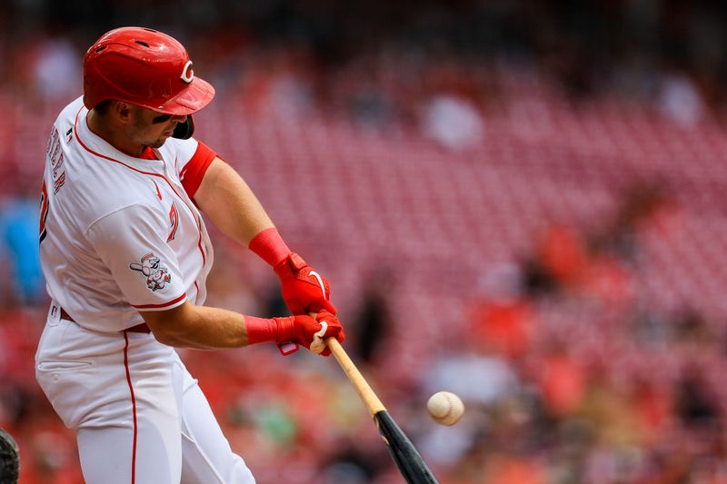 Jul 11, 2024; Cincinnati, Ohio, USA; Cincinnati Reds outfielder Spencer Steer (7) hits a single in the first inning against the Colorado Rockies at Great American Ball Park. Mandatory Credit: Katie Stratman-USA TODAY Sports