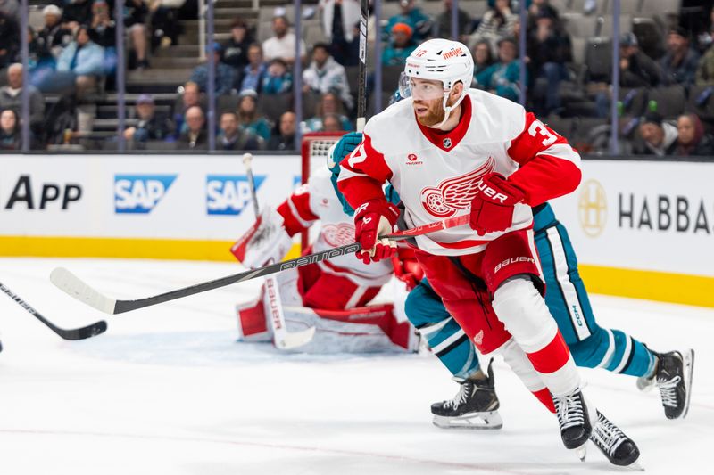 Nov 18, 2024; San Jose, California, USA; Detroit Red Wings left wing J.T. Compher (37) skates during the third period against the San Jose Sharks at SAP Center at San Jose. Mandatory Credit: Bob Kupbens-Imagn Images