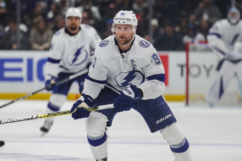 Mar 23, 2024; Los Angeles, California, USA; Tampa Bay Lighting center Steven Stamkos (91) defends during the third period against the Los Angeles Kings at Crypto.com Arena. Mandatory Credit: Yannick Peterhans-USA TODAY Sports