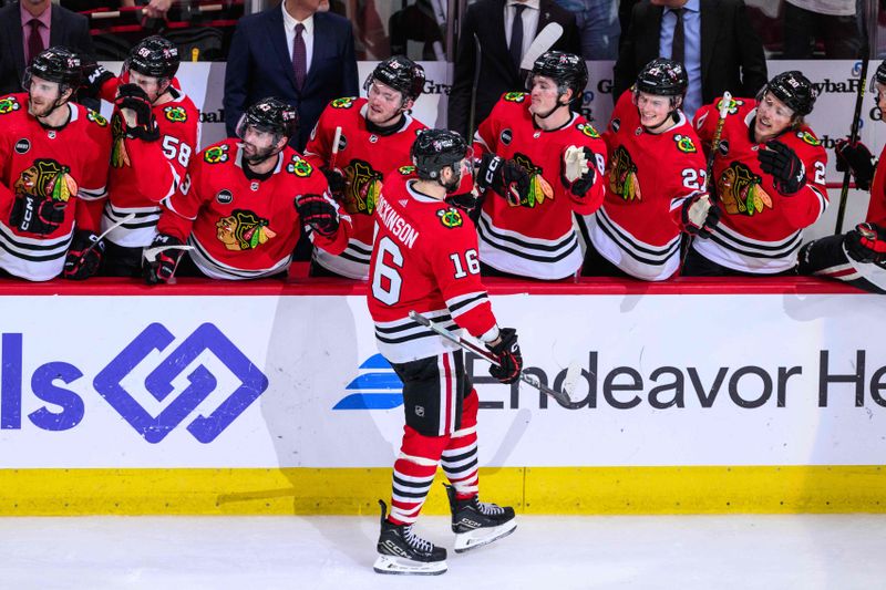 Feb 9, 2024; Chicago, Illinois, USA; Chicago Blackhawks center Jason Dickinson (16) celebrates his goal with teammates against the New York Rangers during the third period at the United Center. Mandatory Credit: Daniel Bartel-USA TODAY Sports