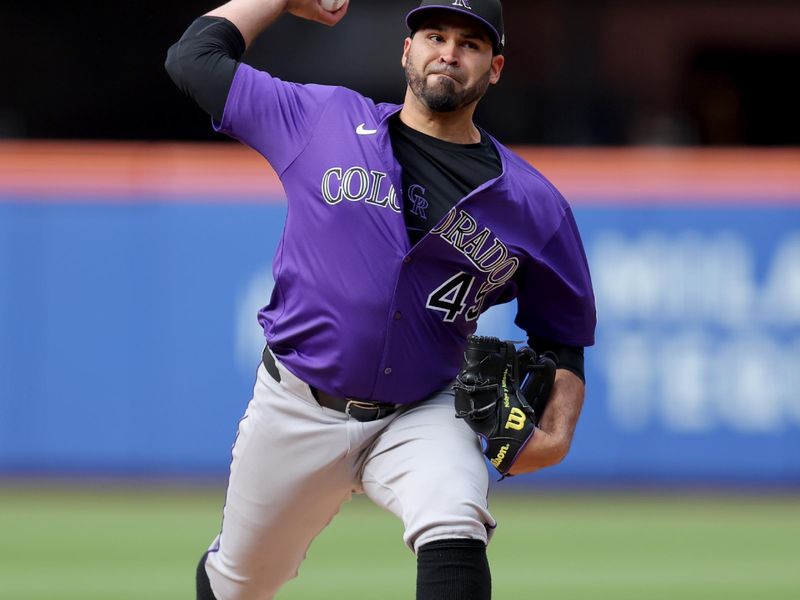 May 31, 2025; New York City, New York, USA; Colorado Rockies starting pitcher Antonio Senzatela (49) pitches against the New York Mets during the third inning at Citi Field. Mandatory Credit: Brad Penner-Imagn Images