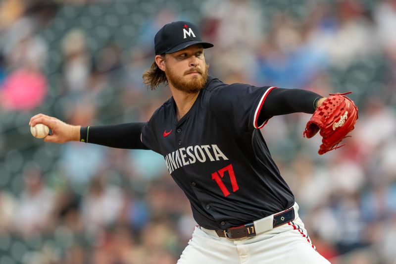 Jul 22, 2024; Minneapolis, Minnesota, USA; Minnesota Twins pitcher Bailey Ober (17) delivers a pitch against the Philadelphia Phillies in the first inning at Target Field. Mandatory Credit: Jesse Johnson-USA TODAY Sports