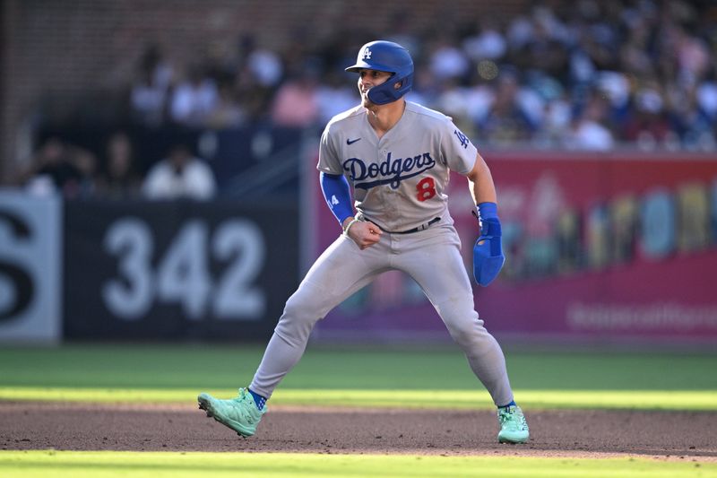 Aug 6, 2023; San Diego, California, USA; Los Angeles Dodgers left fielder Enrique Hernandez (8) leads off second base during the fifth inning against the San Diego Padres at Petco Park. Mandatory Credit: Orlando Ramirez-USA TODAY Sports